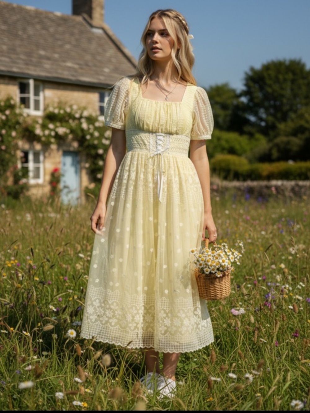 Vintage Butter Yellow Sheer Floral Lace Cottagecore Maxi Dress